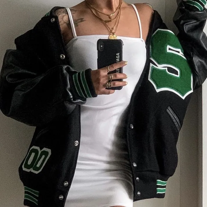 2021 Fall Women Casual Sporty Cotton Stylish Letter Embroidery Black Patchwork Long Sleeve Jackets Baseball Coat Leather Coats