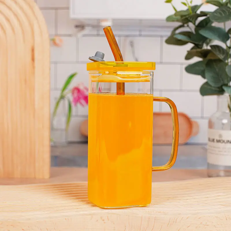 KK204  Clear Pink Green handle Cold Cups Clear SquareTumblers Borosilicate Glass beer Mug With Lids And Straw