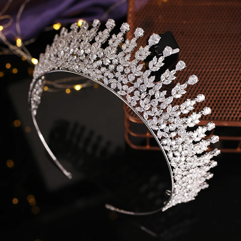 Gold-filled Flowers shaped CZ Large Pageant Crown For Beauty Wedding Copper Tiara For Bride  Corona Princesa BC6762
