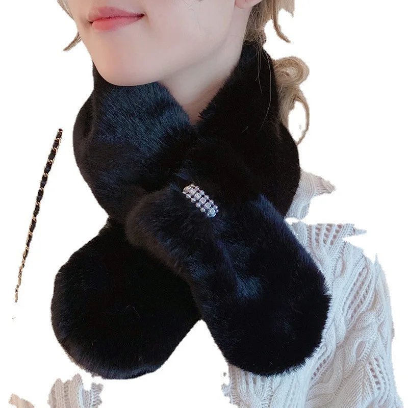 Scarf female winter Korean version of all wear protective neck small bib  Rex rabbit hair velvet collar 2021 new cross
