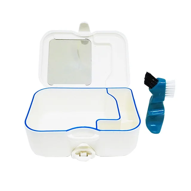 Oral plastic aligner case portable denture box with mirror and clean brush