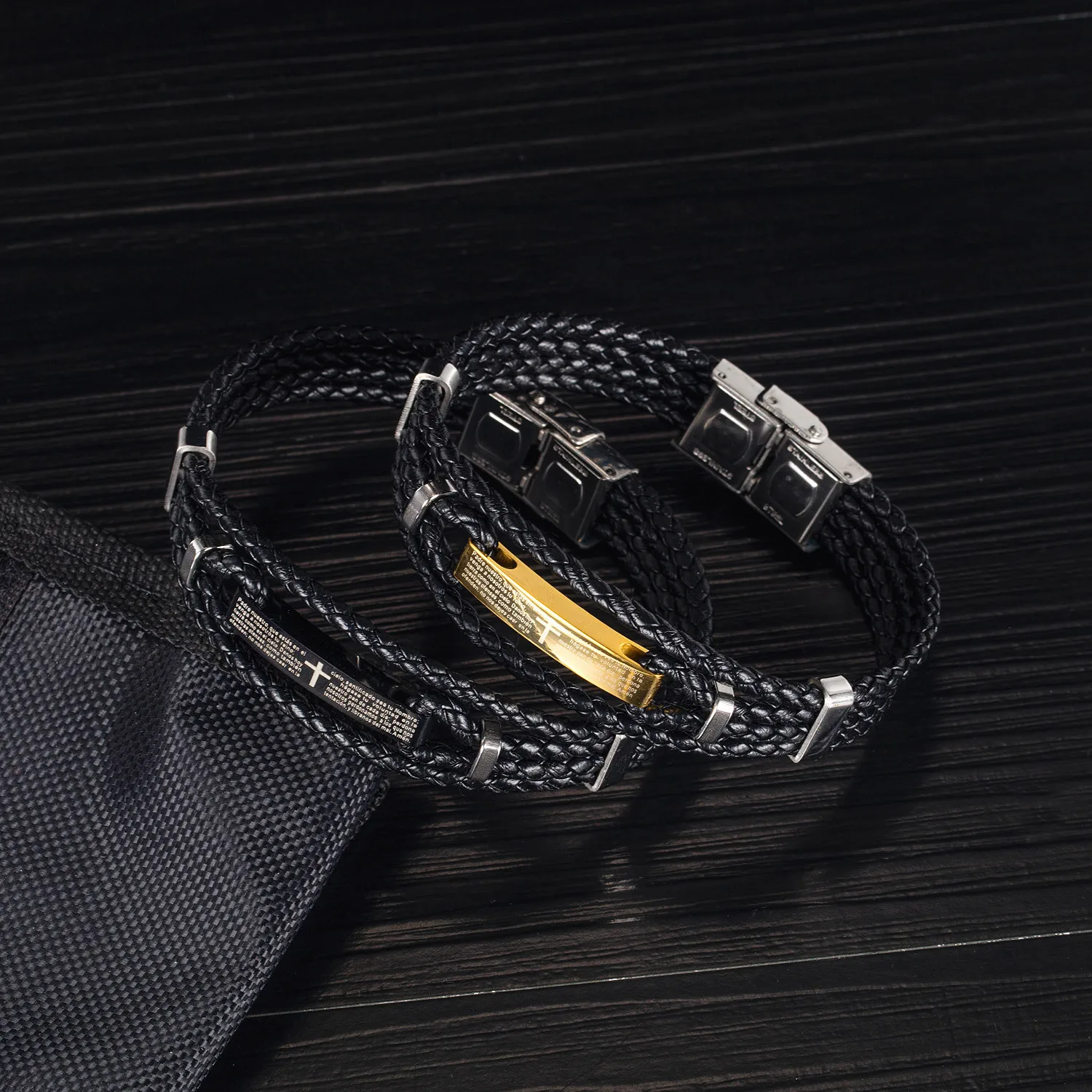 
Punk Rock Style Black Leather High Polished Stainless Clasp Male Bracelet Multi Layers Christian Cross Braided Bracelet For Men 