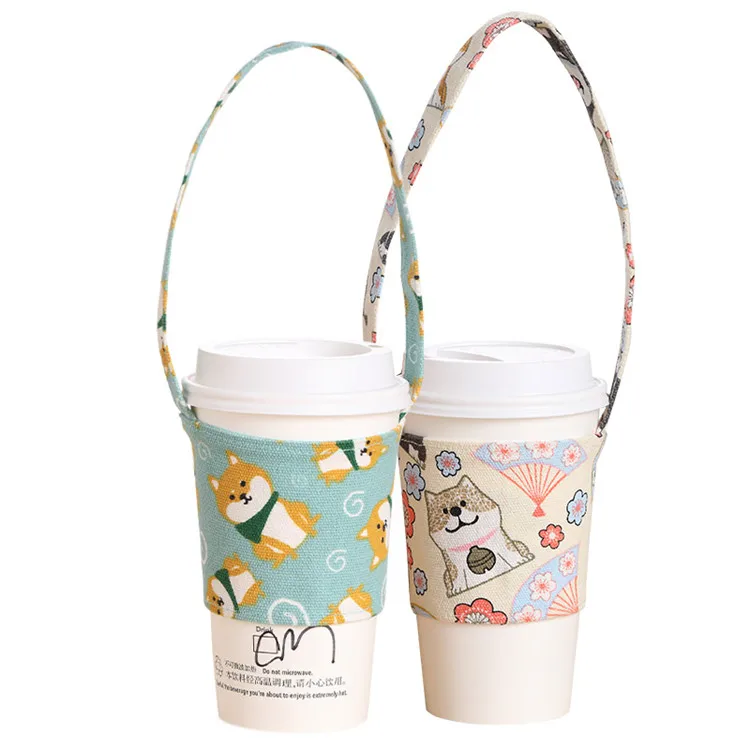 Custom Made Unique Portable Reusable Cotton Canvas Drink Milk Tea Coffee Cup Sleeve Holder Sling Carriers With Handle