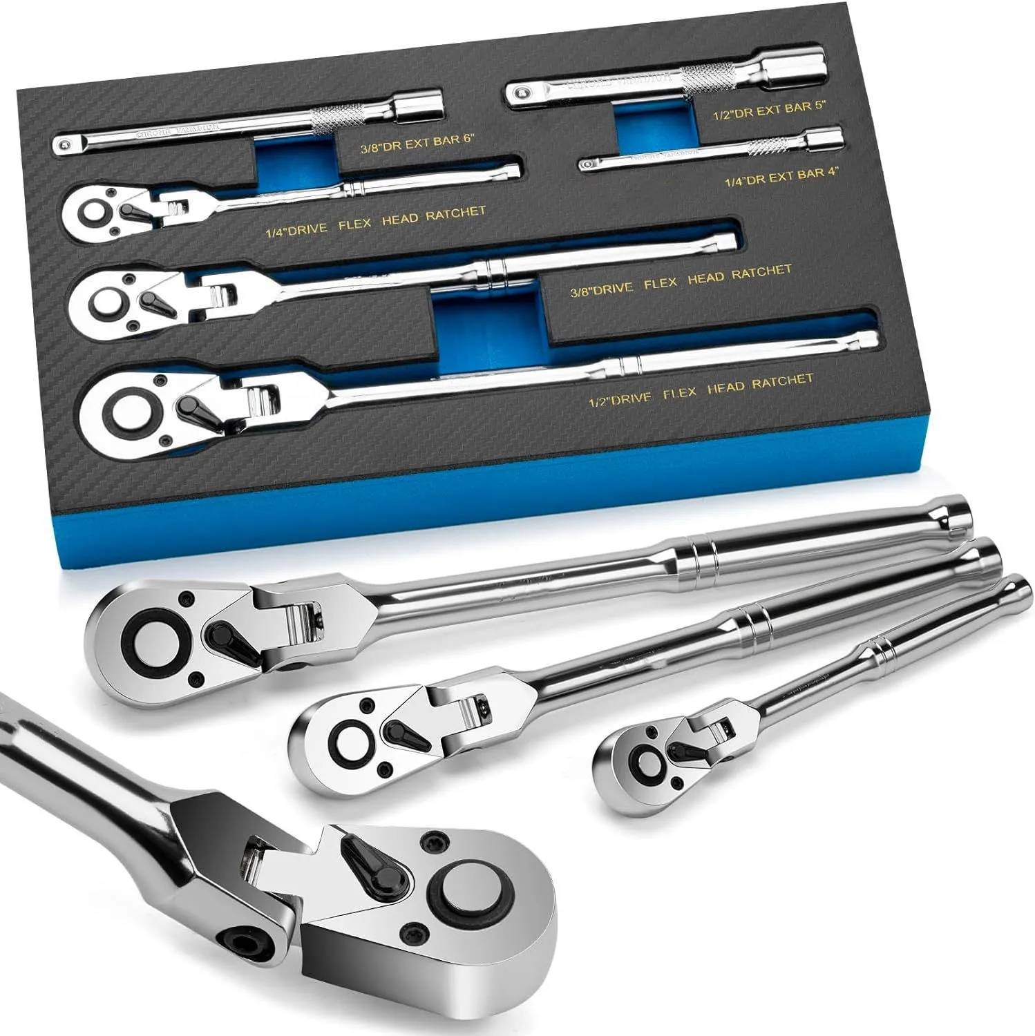 Professional 6pcs Flex Head Ratchet Wrench Set 1/4'3/8'1/2' Drive 72T Quick Release Spanner With Extension Bar