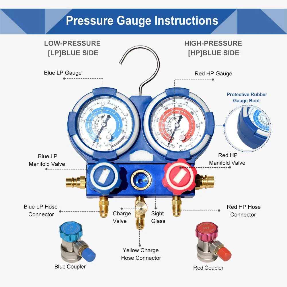 HVAC A/C Refrigeration Manifold Gauge Set Diagnostic R12 R22 R134a R410A with Hoses Adapter Adjustable Couplers