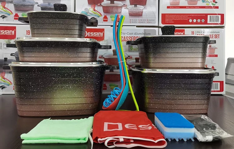 2021 cookware set 14 Pcs granit marble coating die casting non-sitck carsseroles and utensils kitchenware set cook pots