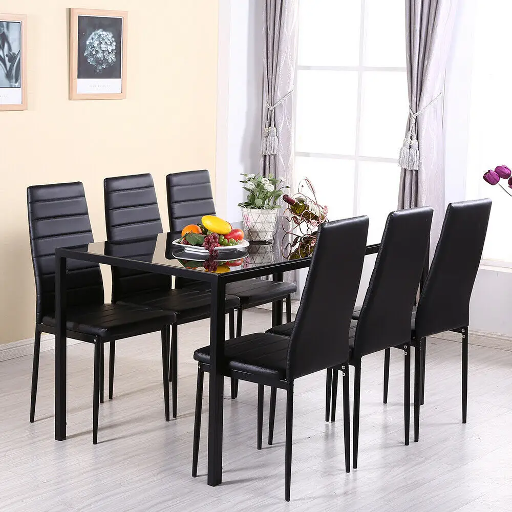 High Quality Living Room Furniture Restaurant Table Sets 6 Pieces Leather PVC Chairs with 1 Tempered Glass Dining