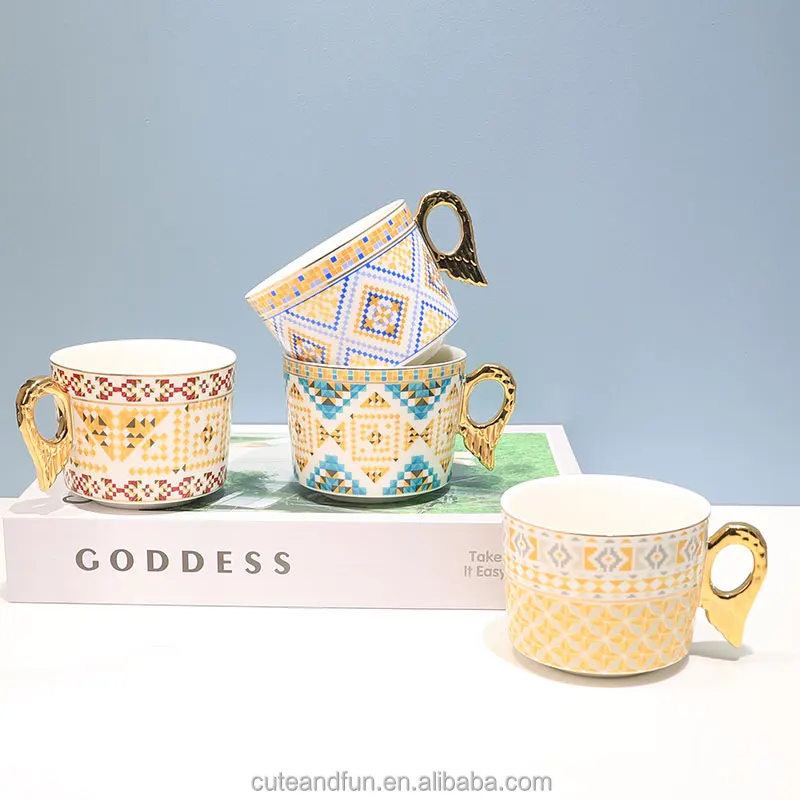European Retro Angel Wing Ceramic Coffee Cup Porcelain Tea Cup Gold Handle