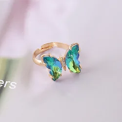 Wholesale Trendy Gold Plated Butterfly Rings Multi Colors Crystal Butterfly Adjustable Opening Finger Rings For Women Jewelry