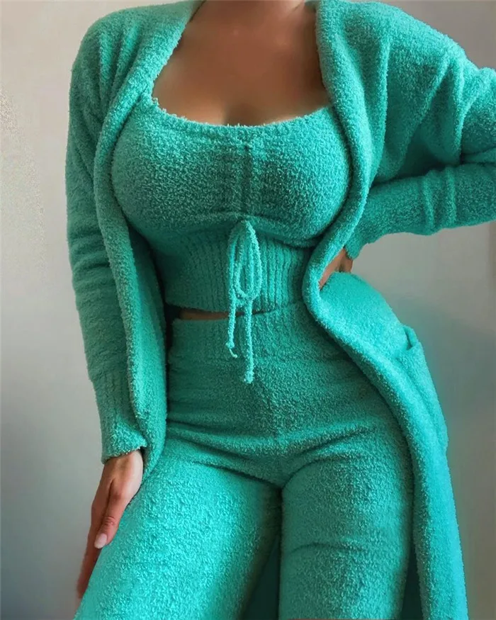 O0216-winter warm fuzzy loungewear sets for women tight sexy 3 piece suit designs