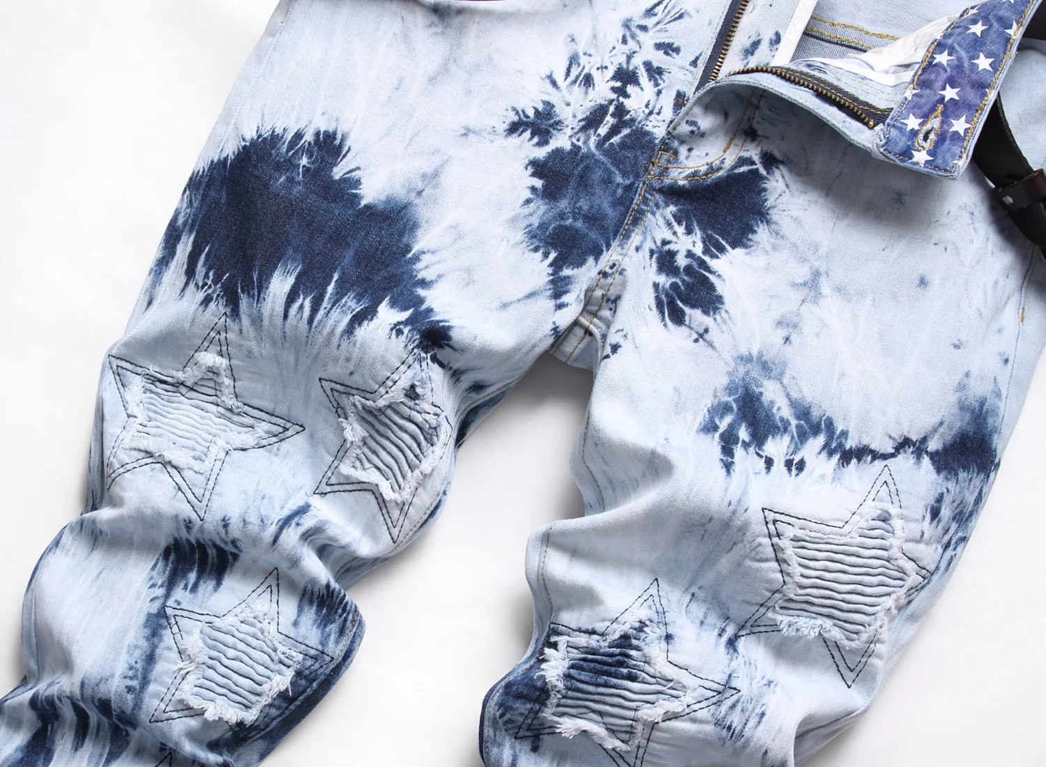 Youth Street Hipster European and American Style Embroidery With Bleached Hem Fashion Stretch Denim Pants