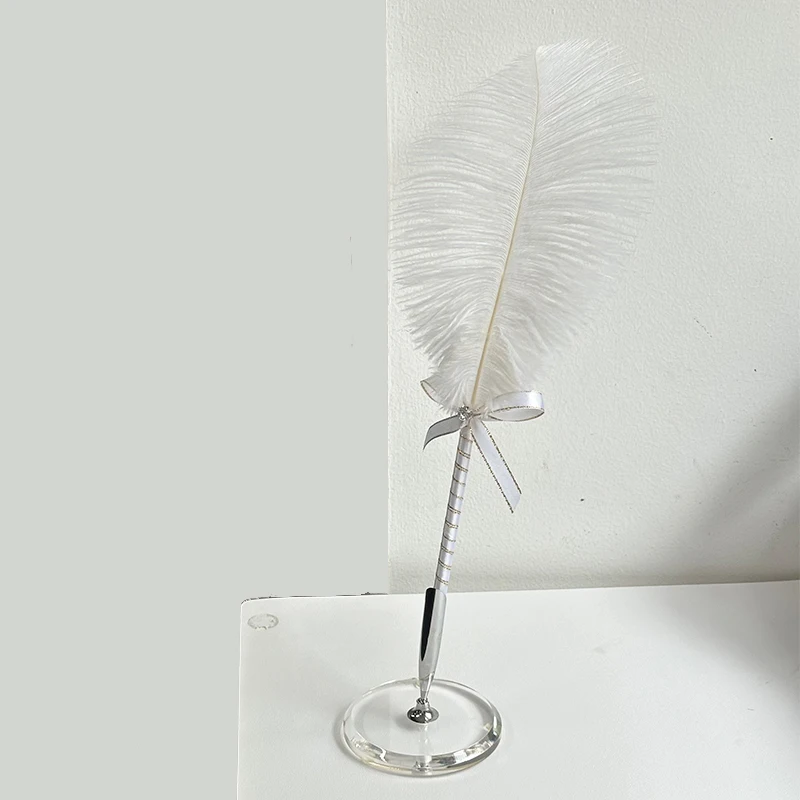 luxury jewel design wedding pen natural peacock ostrich feather quill ball point pen for wedding