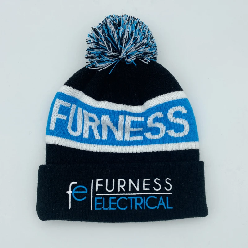 Blue New design 100%  acrylic team beanie  wholesale custom knit beanie pom pom beanie unisex