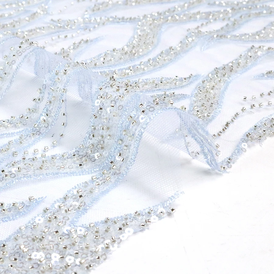 Polye Mesh Party Wear Dresses for Women Textile Fabric on Korea Wholesale Sequin Beaded Lace White Lightweight Knitted BEADING