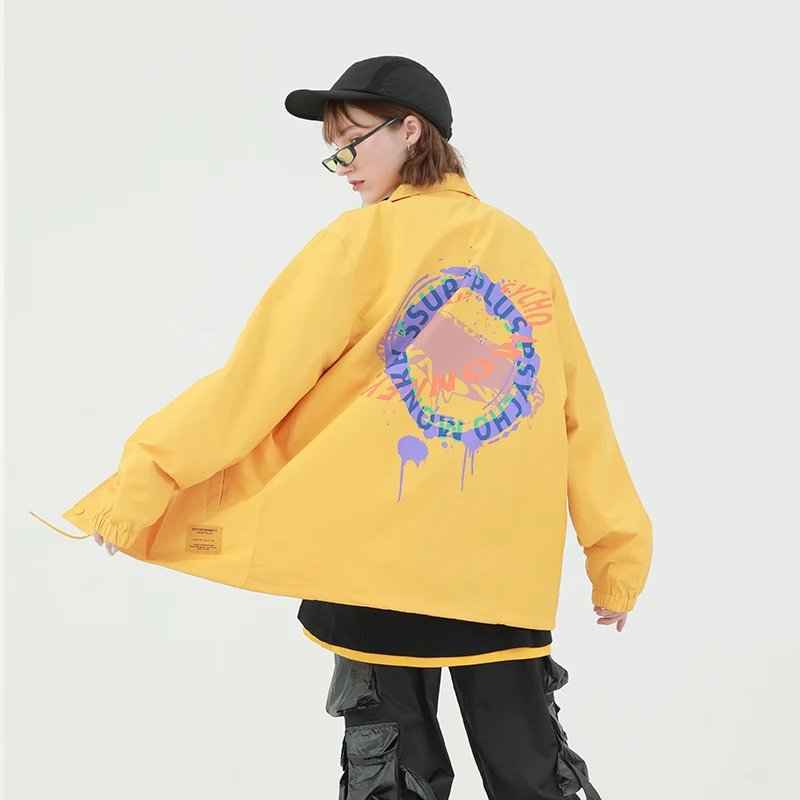 Wholesale popular unisex global yellow letter custom button windbreaker ladies safari jackets and coats for womens