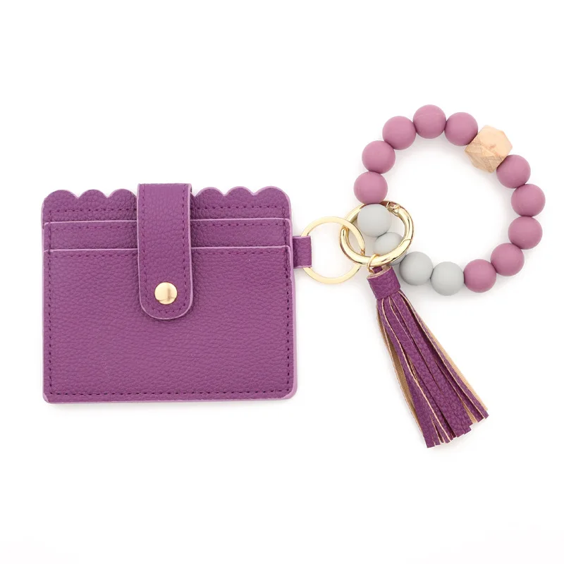 Key Ring Silicone Bead Bracelet with Card Wallet Pu Leather Bracelet with Tassel Wristlet Keychain Bracelet Wallet