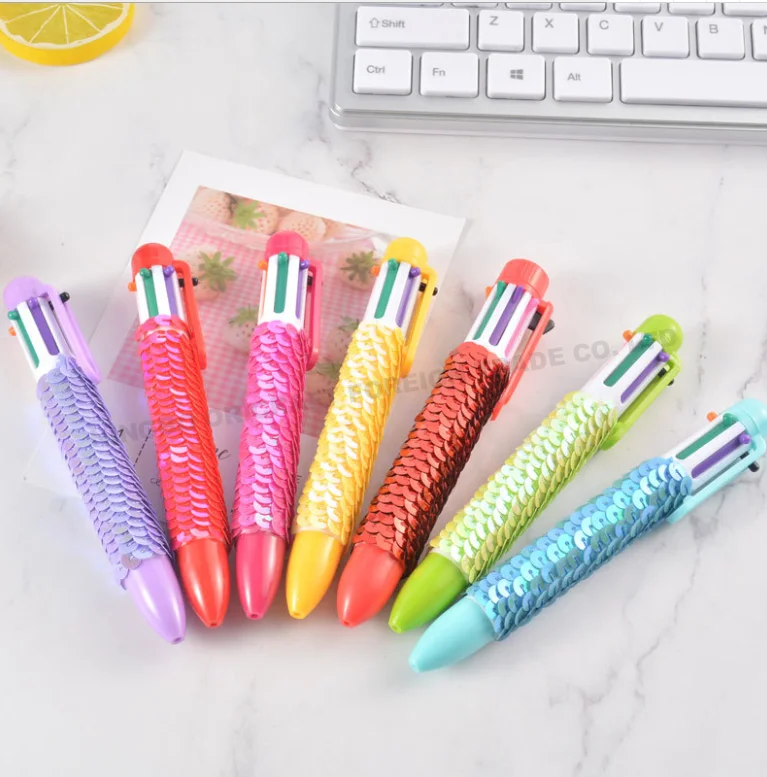 
promotional china cute sequin 6 colored plastic ballpoint pens school girl ball pen 