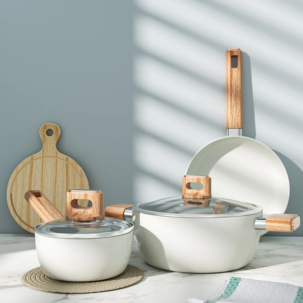 Прессованный алюминиевый горшок и сковорода Tmai гранитный антипригарный набор посуды с деревянной