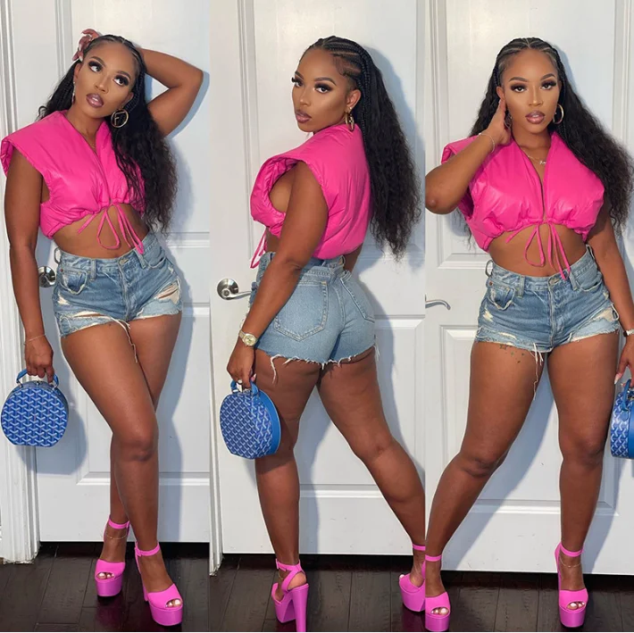 2022 Fall high waist short bubble vest tops sexy hot pink sleeveless bandage crop puff vest women