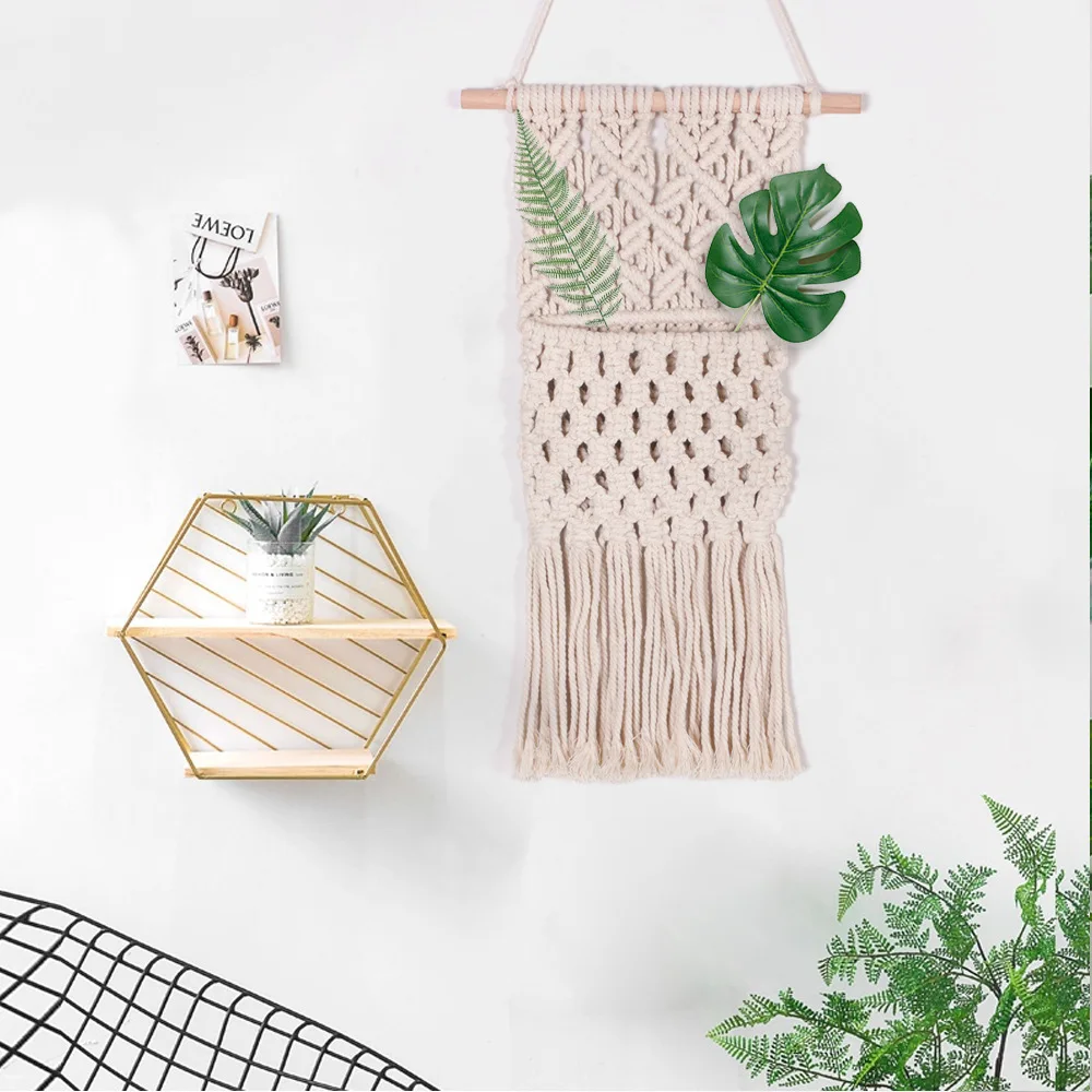 Boho luxury home wedding tassels decor handmade cotton woven macrame wall bag hanging tapestry