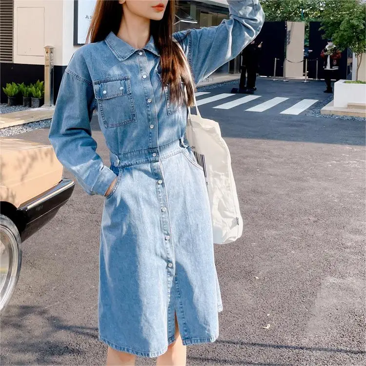 OEM Casual Long Sleeve Solid Turn Down Collar Knee Length Summer New Single Breasted Cotton Denim Shirt Dress Women With Pockets