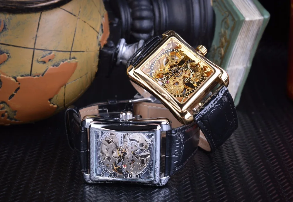 OEM/ODM Winner Watch Retro Casual Series Rectangle Dial Design Golden Pattern Hollow Skeleton Men Top Brand Luxury Mechanical