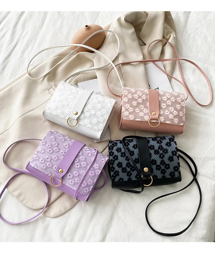 Pu Ladies Tote Bag Square Daisy Pattern Ladies Small Purses Gray Color Messenger Handbag