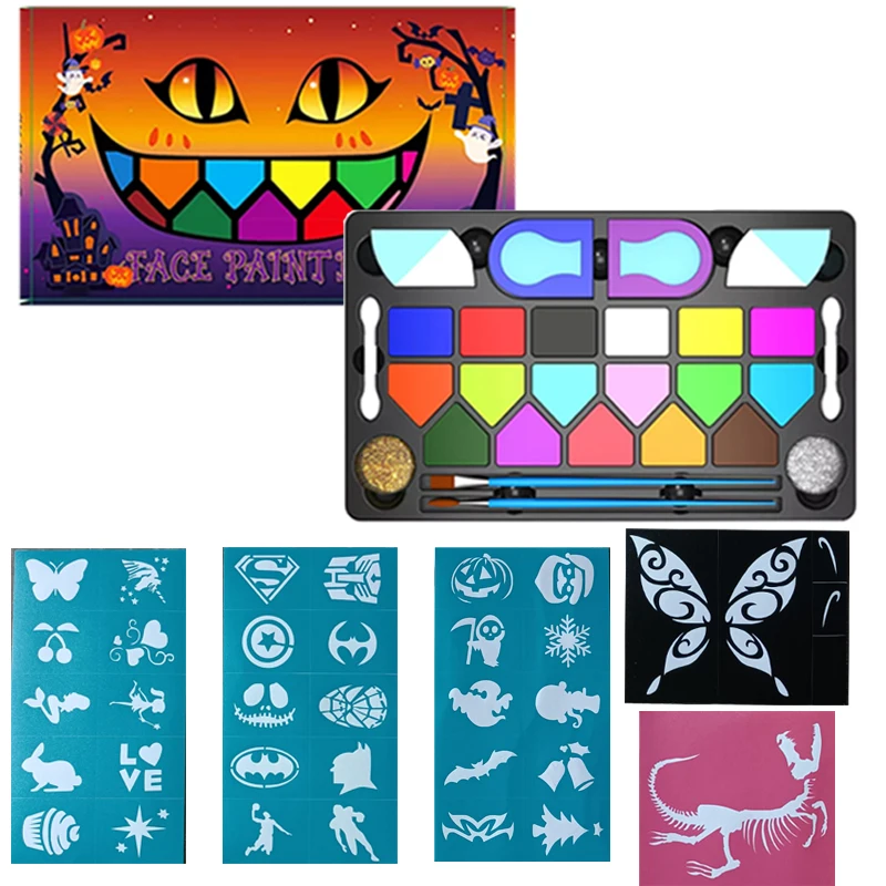Safe non-toxic body art water activated  make up children clown colors stencils tools kit for kids glitter face painting