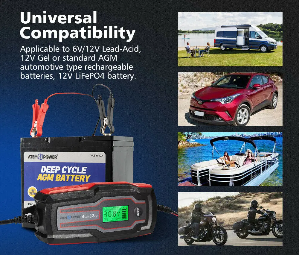 
4A 6V/12V Automatic SLA AGM Car Truck Boat Motorcycle Smart Battery Charger 