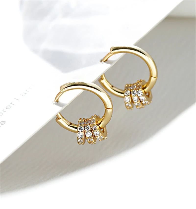 Korea Style Simple Earrings Jewelry Bulk Women Tiny Trendy Silver Color Geometric Three Circle Rhinestone Hoop Huggie Earrings