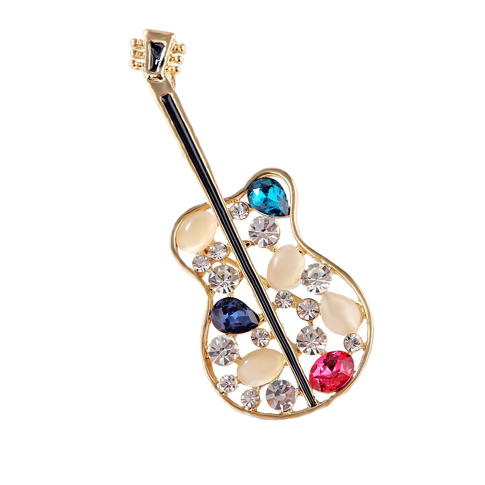 Creative Colorful Crystal Rhinestone Violin Brooch Metal Alloy Musical Instrument Guitar Brooches Pins For Women Girls