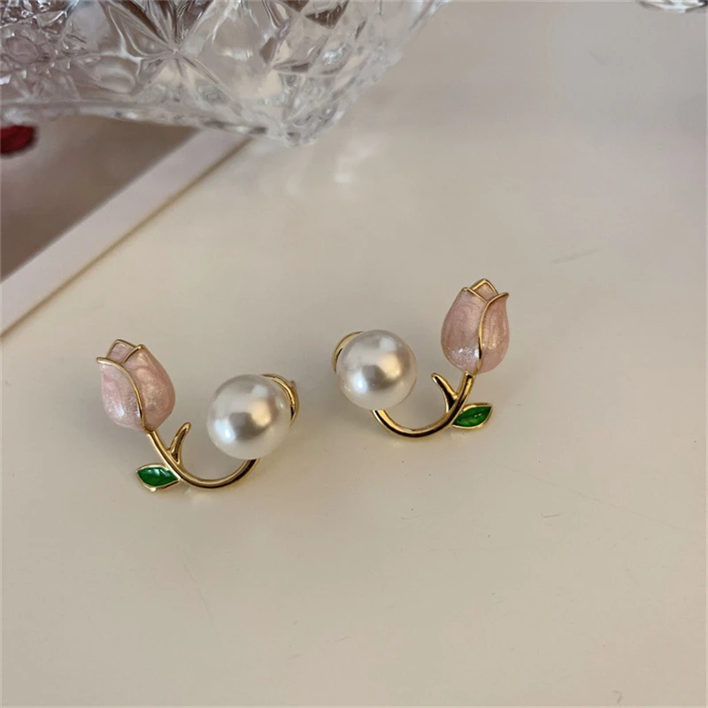 Sweet Enamel Floral Earrings Korean Jewelry Girls Cute Pearl Mermaid Gold Plated Tulip Earrings