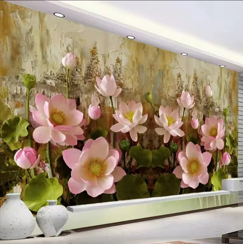 Custom Mural Wallpaper 3D Stereo Lotus Flower Oil Painting Fresco Living Room TV Bedroom Art Peel and Stick Wallpaper