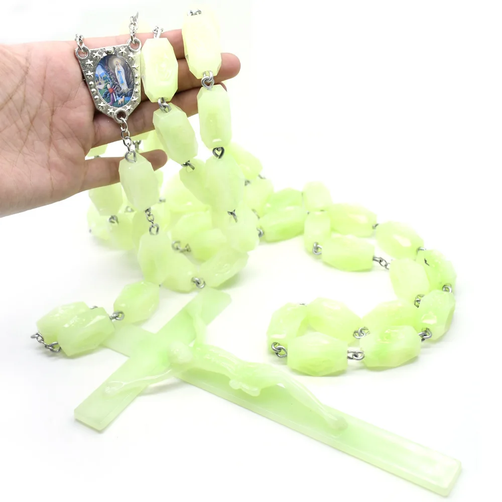 Religious Jewelry Cross Bead Luminous Plastic Glowing In Dark Prayer Rose Beads Christianity Wall Rosary Christ Necklace