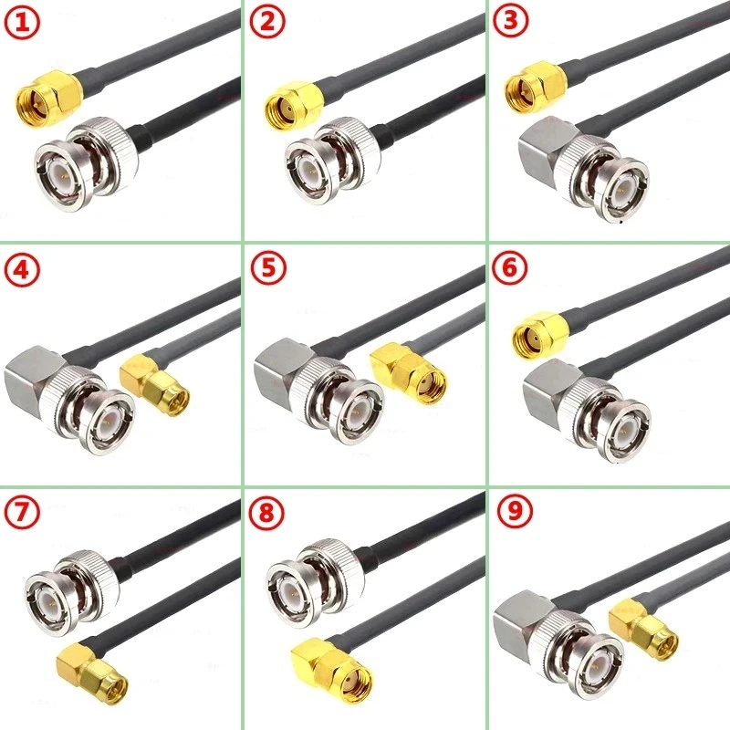 Q9 BNC Male To SMA Male Crimp for RG58 Coax Extension Connector RPSMA Male To BNC Right Angle Cable Fast Delivery Brass RF