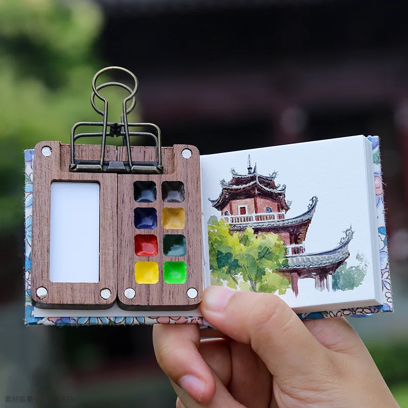 XinyiArt 8 Grids Mini Pocket Watercolor Portable Travel Paint Palette with Brush for Making it Outdoor Sketching DIY Painting