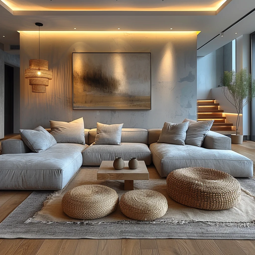 2024 AI Creative Concept Design Minimalist Small Living Room Space Design Beige Design High Quality Texture 3D Rendering Service