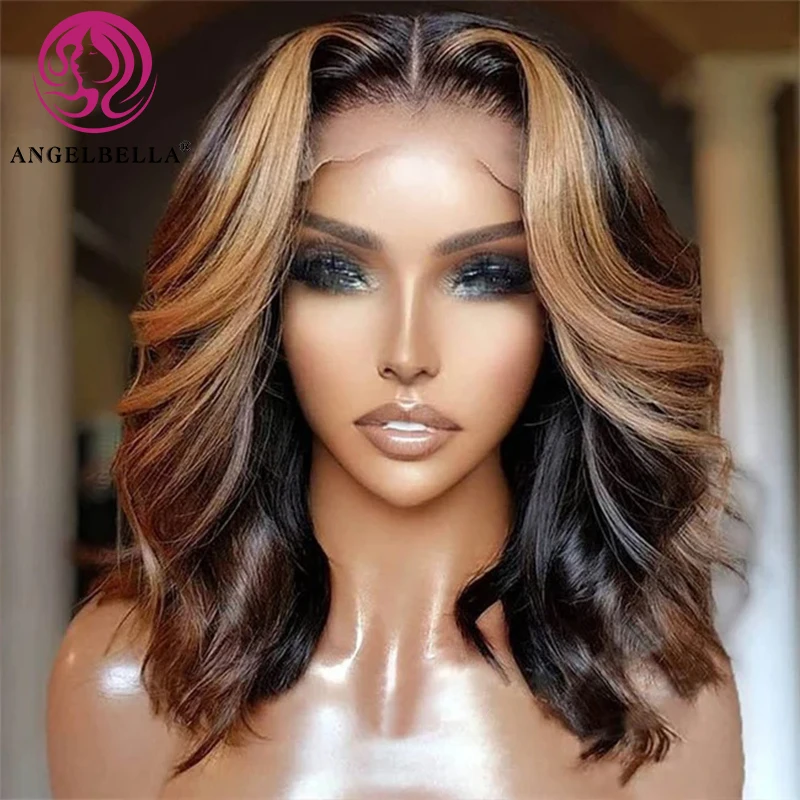Highlight HD Wigs Human Hair Lace Front Shoulder Length Piano Color Curly Bob Wig Highlight Body Wave Bob Wig For Black Women