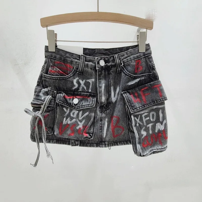 wholesale fashion asymmetrical blue cargo jean skirts high waist Graffiti short mini denim skirt women