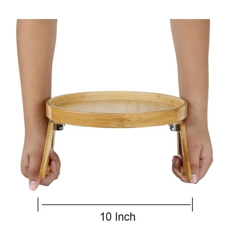 Eco-friend bamboo folding tray sofa armrest clip tray round table wooden couch tray