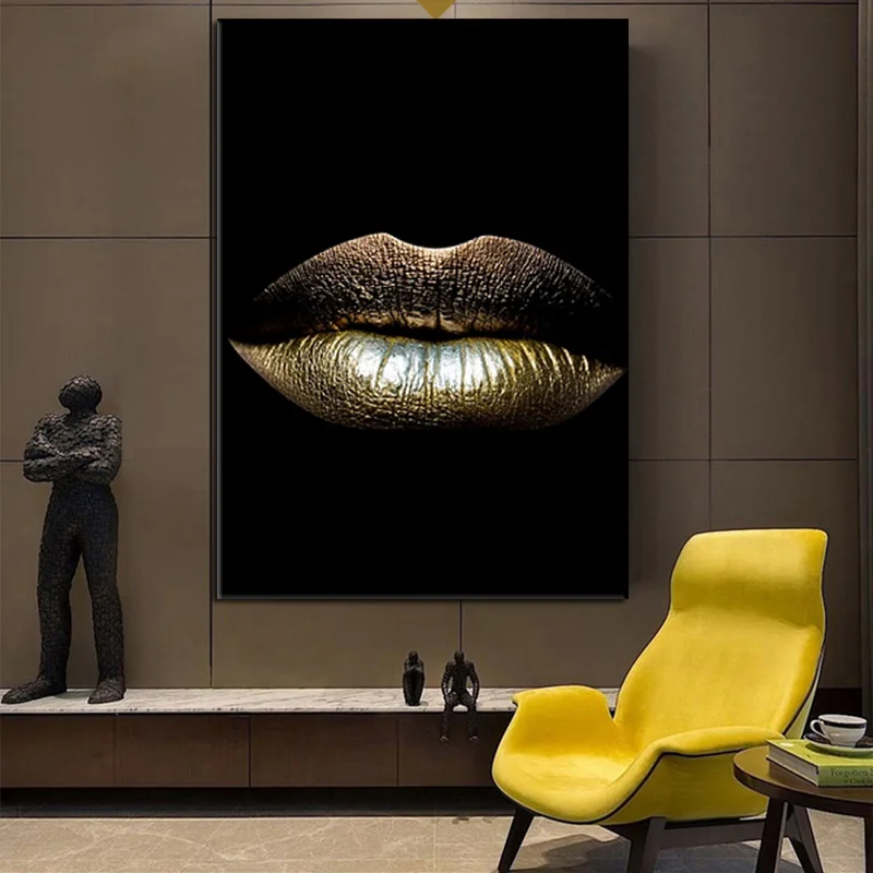 One piece canvas oil painting living room African portrait black gold sexy lips art Scandinavian fresco frameless