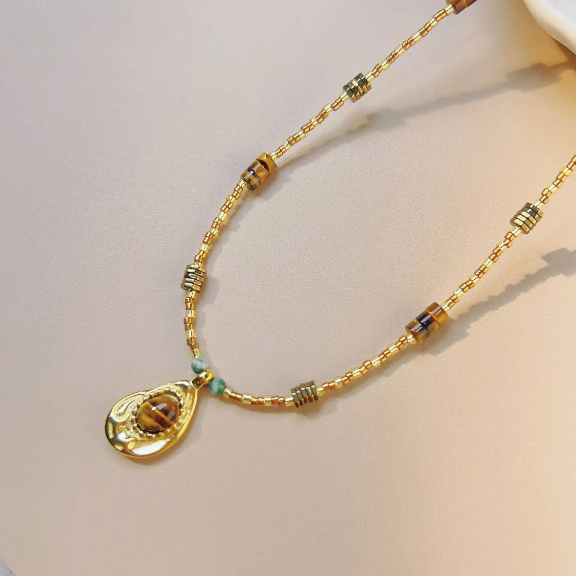 tiger eye stone beads necklace handmade women natural stone pendant necklace stainless steel
