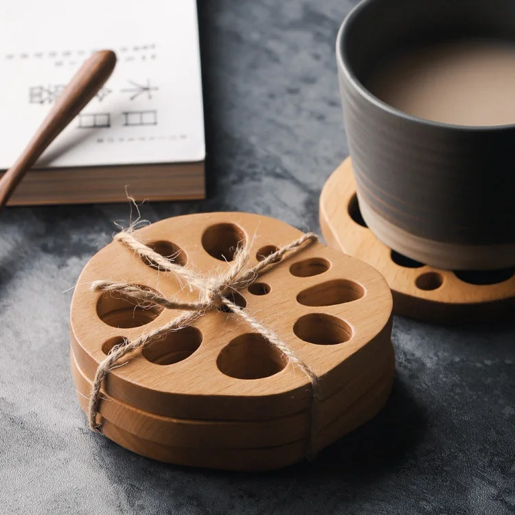 factory direct sale lotus root slices shape beech wood cup mat coaster 8.5x9.5cm