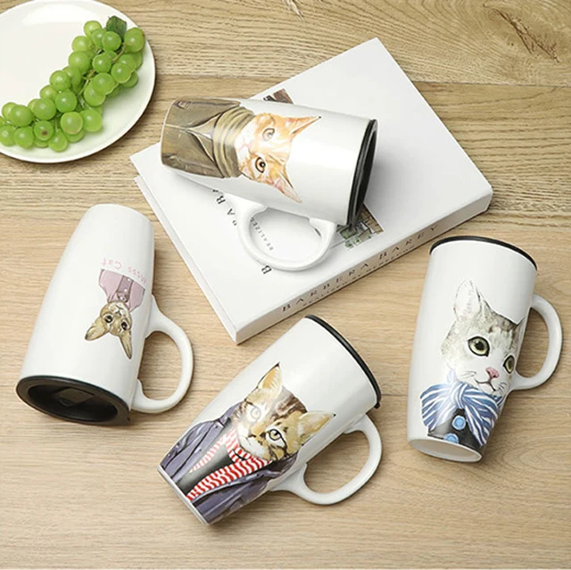 Mugs Sublimation mug Top Grade Ceramic Big Capacity Cat Mug With Dust-proof Lid For Sublimation