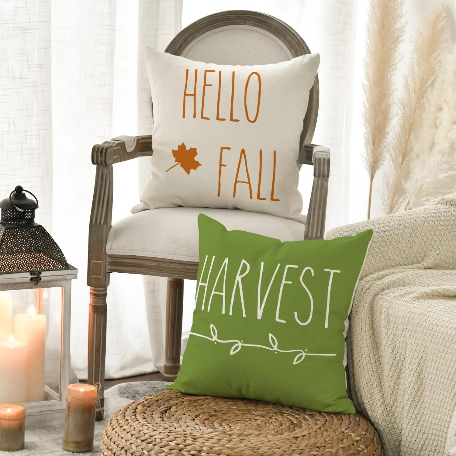 Customized Size  4 PCS of 18 x 18 Inch Hello Fall Harvest Pumpkin Spice Thanksgiving Throw Pillow Covers Set for Bed Room Decor