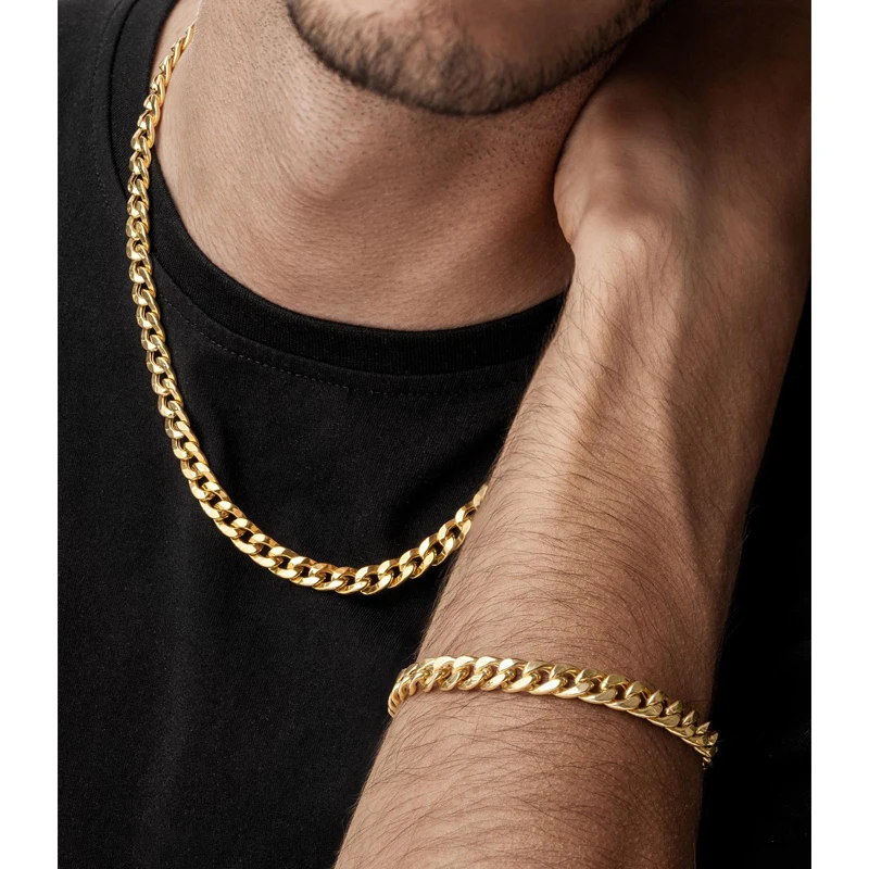 Fashion 18K Gold Stainless Steel Cuba Chain Necklace Bracelet Women Men HipHop Punk Dubai Gold Jewelry Sets For Gifts