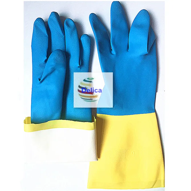 Cotton Flock Lined Gloves Yellow Blue Bicolor Industrial Latex Gloves Dipped Lined Spray Flock Lined
