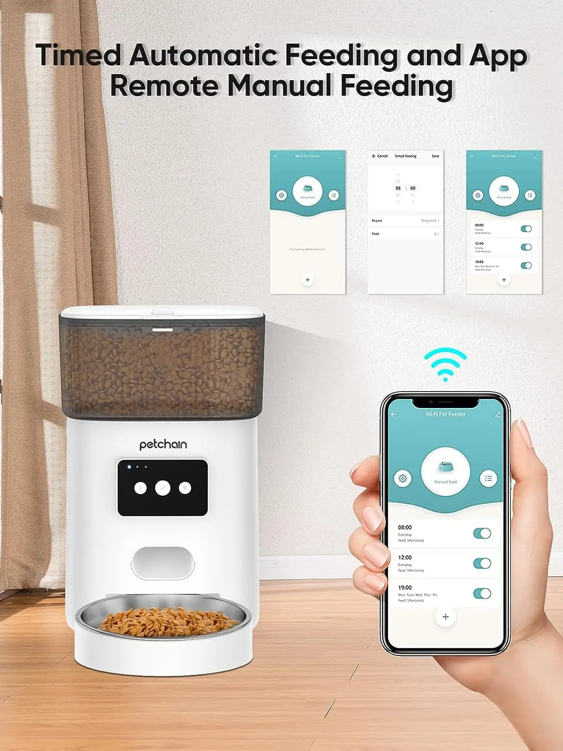 Petchain 4L WiFi Pet Food Dispenser Low Food Alarm and 10s Voice Recorder Automatic Cat Feeder