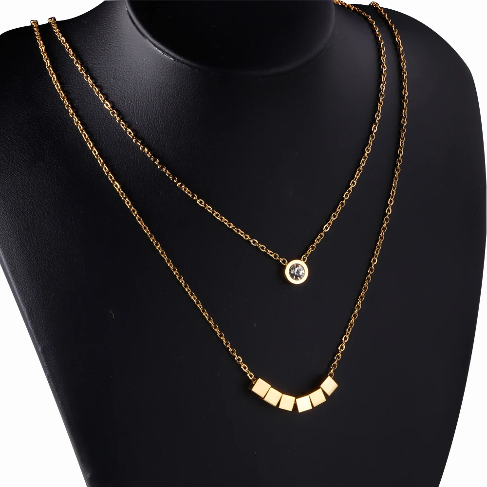 Ason Jewelry New Arrival Stainless Steel 18K Gold Crystal double layer Jewelry Pendant Necklace