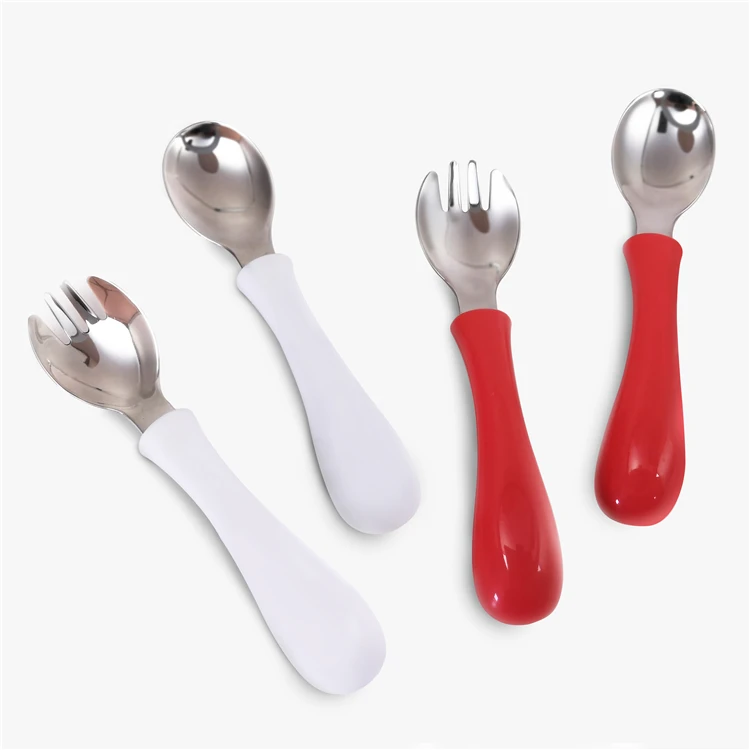 Toddler Plastic Spoon fork Kids Cutlery set Stainless Steel Fork Spoon with Plastic Handle